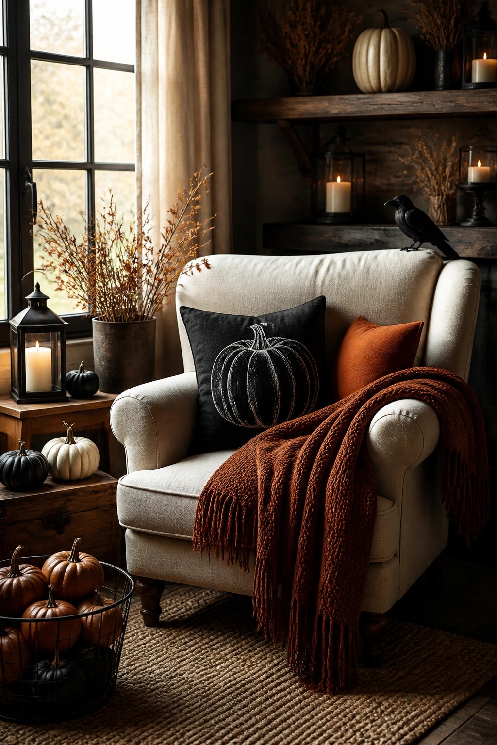 Cream armchair with a black pumpkin pillow, rust throw, and black crow, surrounded by lanterns and small pumpkins in a rustic living room.