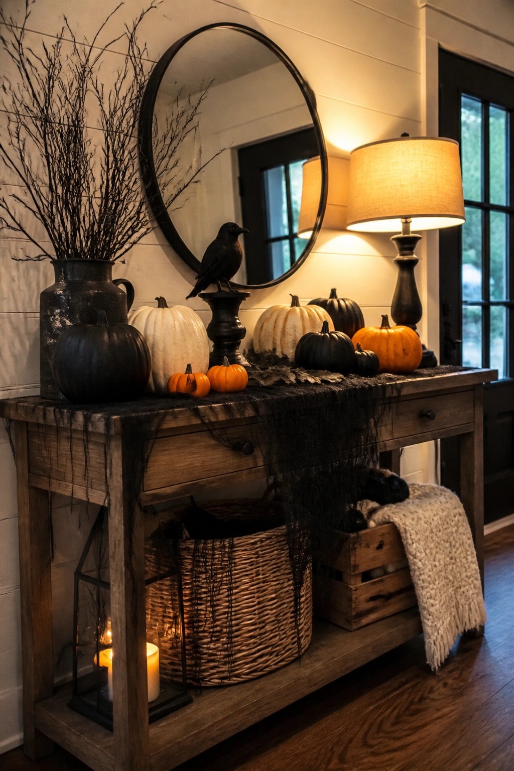 Wooden console table in an entryway styled with black branches, a black crow figure, pumpkins, and dark fabric webbing for Halloween.