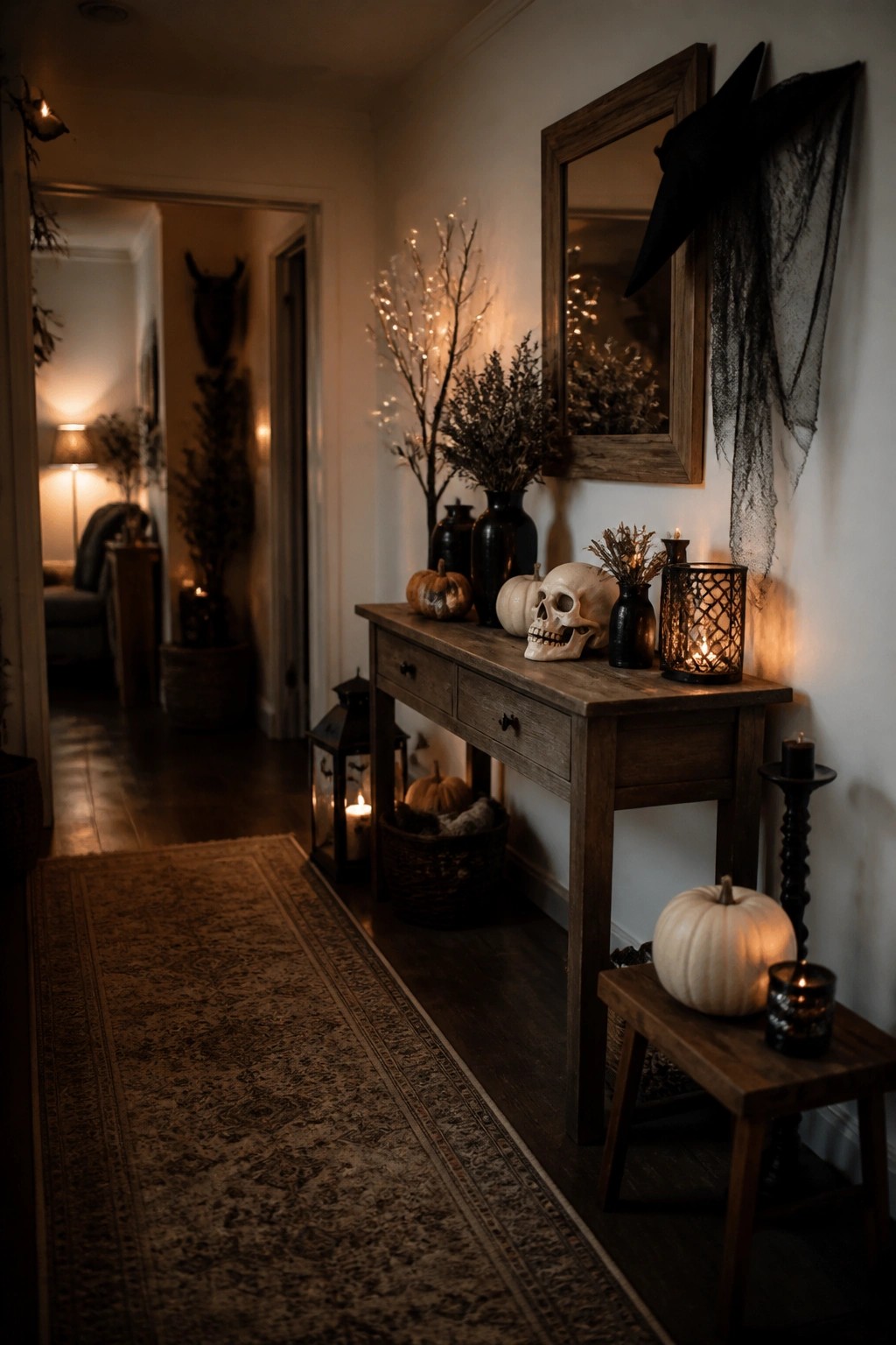 Rustic wooden console table in an entryway styled with a white skull, black witch hat, dark vases, pumpkins, and lit lanterns.