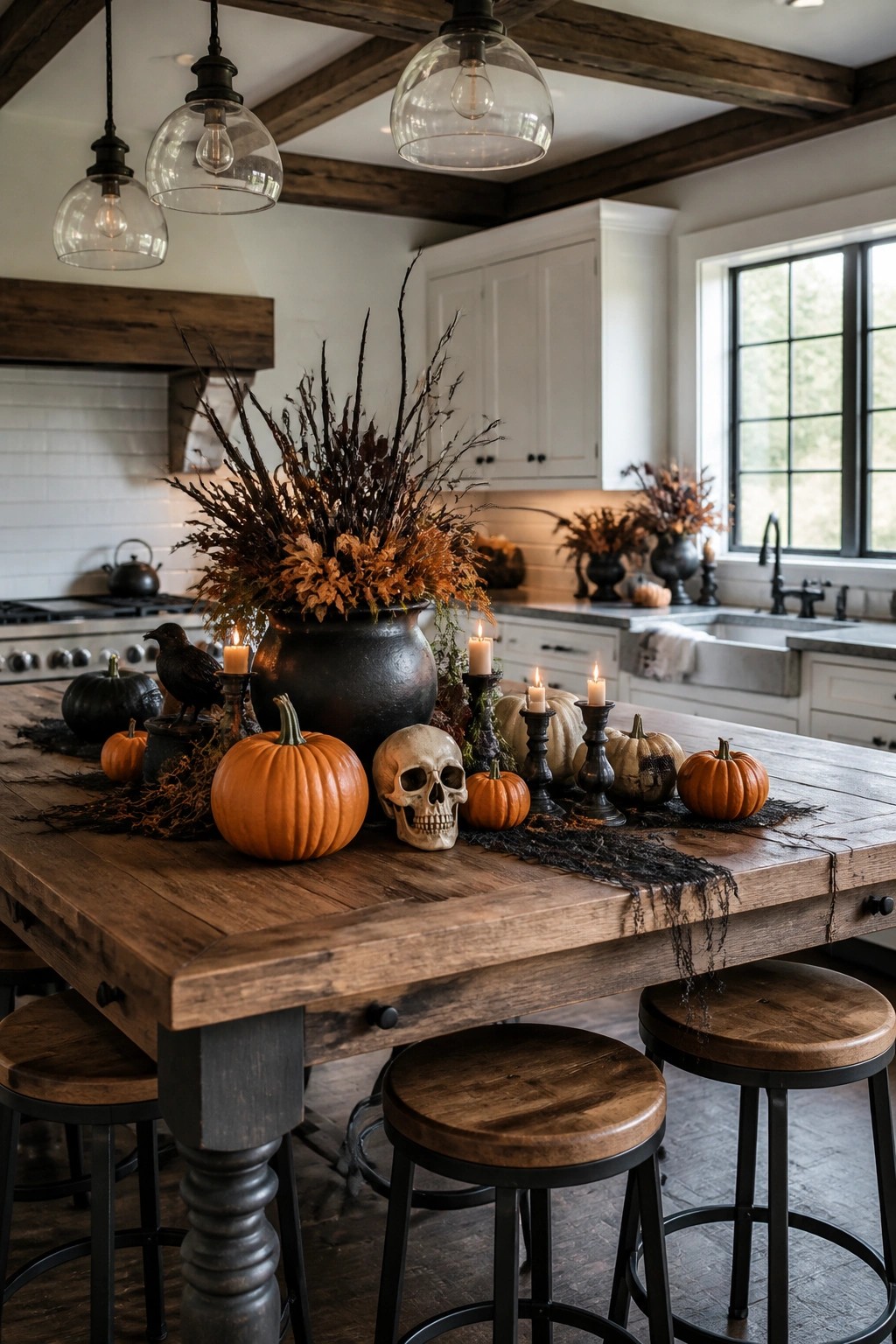 Rustic wooden kitchen island with a skull centerpiece, black crow, pumpkins, candles, and dark branches in a large black vase.