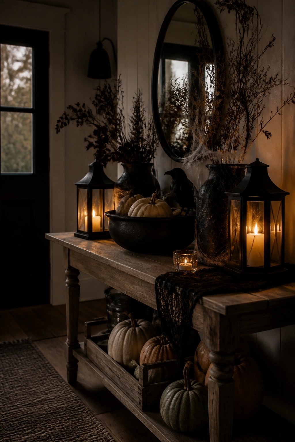 Rustic wooden table with glowing lanterns, white pumpkins, dried branches, and black bird.