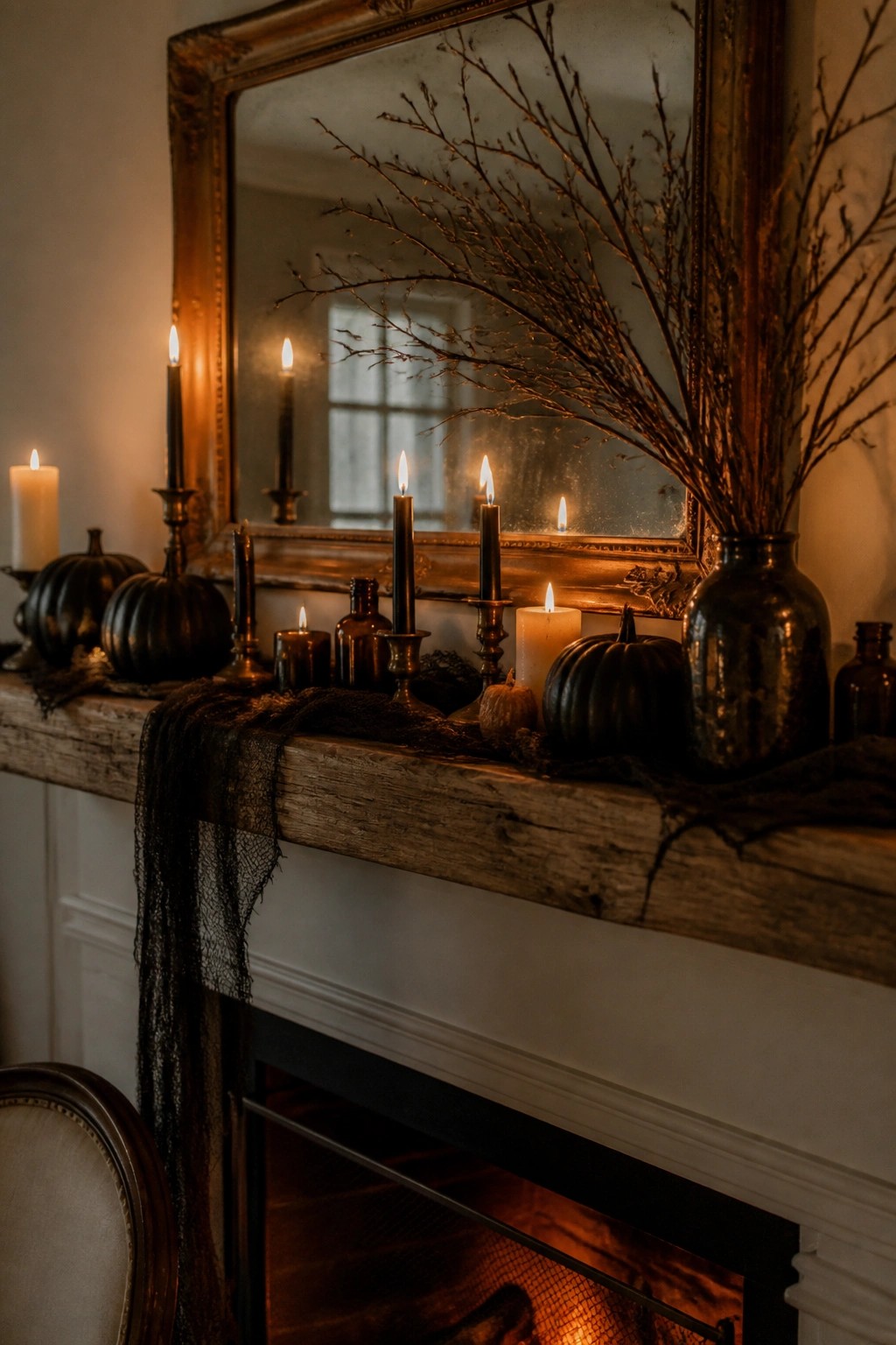 Farmhouse fireplace mantel styled with black taper candles, black pumpkins, and bare branches for Halloween.