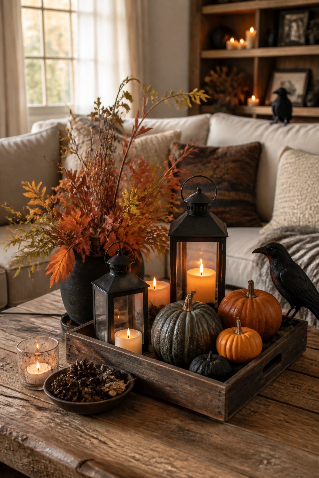 Wooden tray on a coffee table holding pumpkins, black crows, and lit lanterns in a living room with a white sofa behind it.