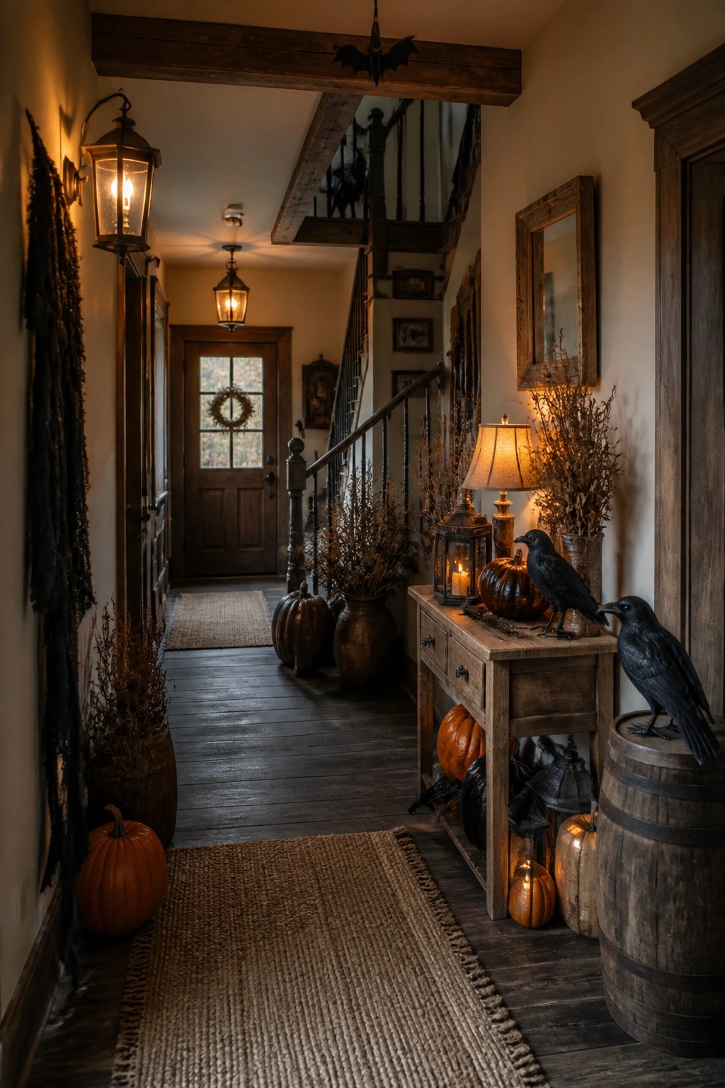 Dark wooden hallway with pumpkins, black crows, lanterns, and dried florals in warm light.