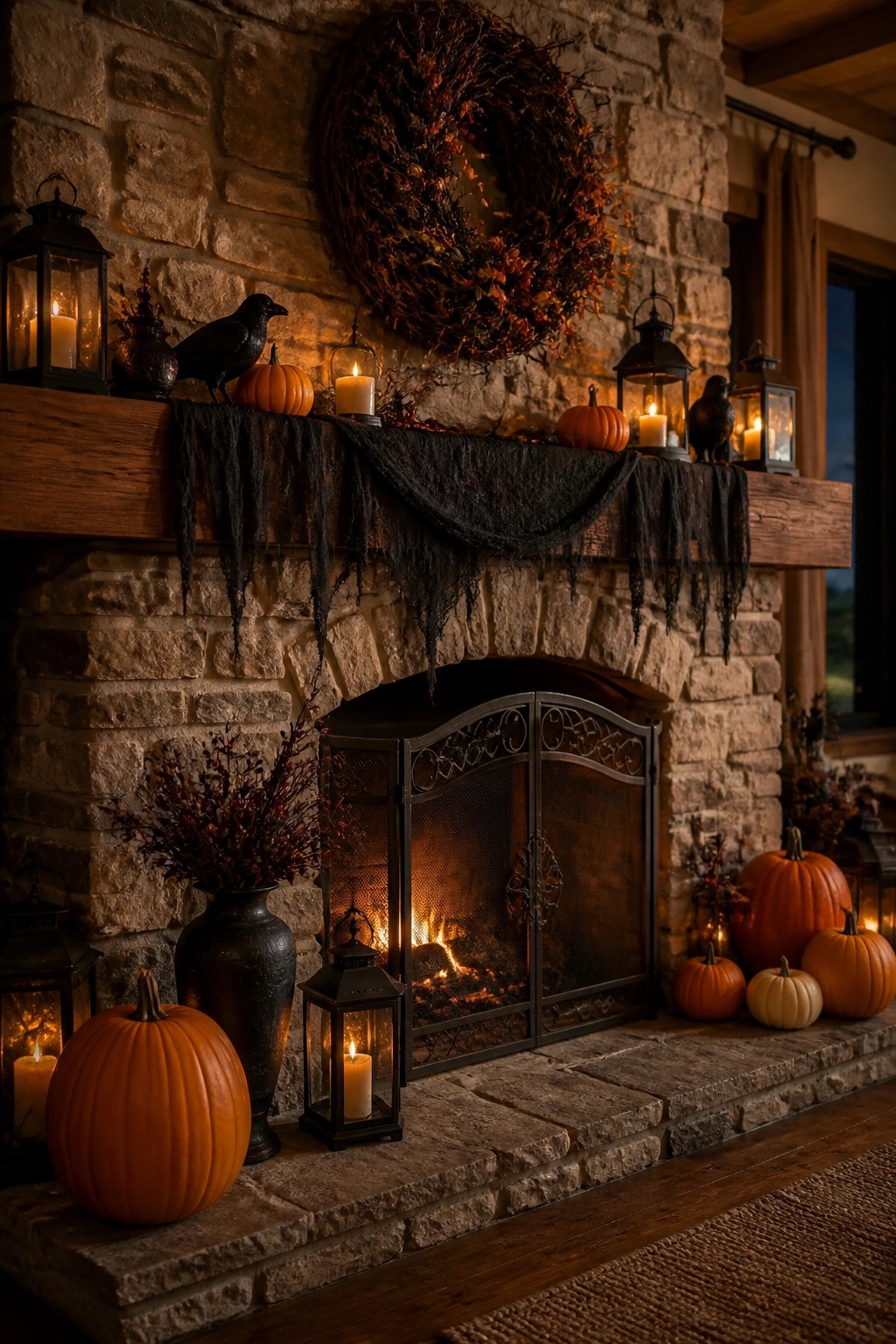 Stone fireplace mantel decorated for Halloween with black lanterns, crows, small pumpkins, a dark fabric runner, and a large autumn wreath above the firebox.