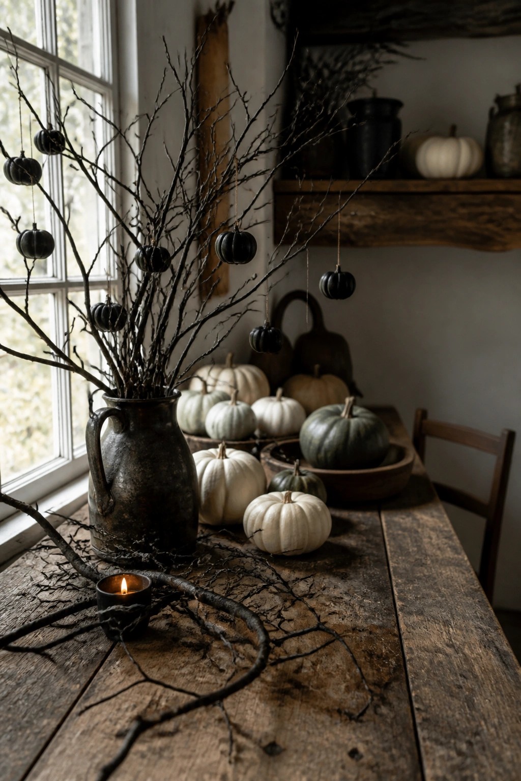 Rustic wooden dining table holding a dark metal pitcher filled with bare branches and hanging black pumpkin ornaments, along with white and green pumpkins and a small lit candle.