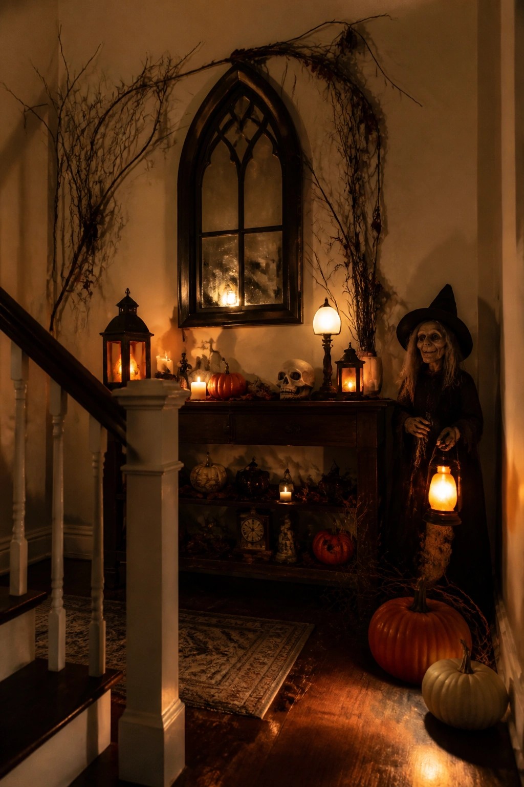 Entryway console table styled with a large witch figure, skull, pumpkins, and lanterns near a staircase.