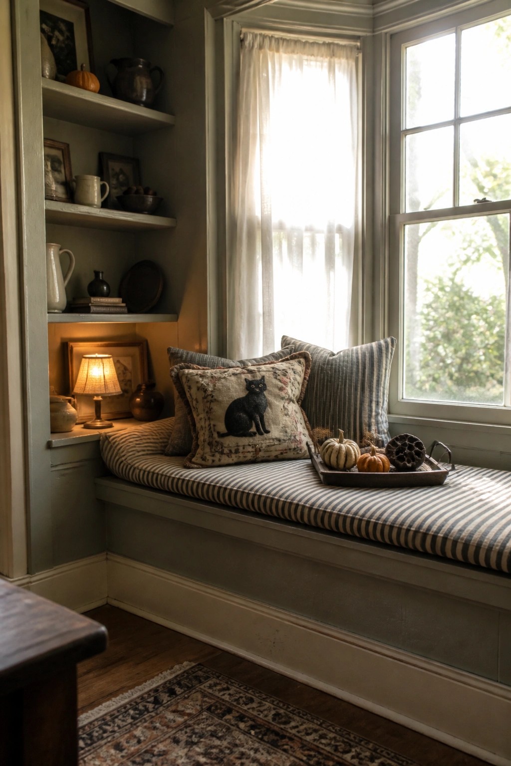 A window seat with a striped cushion and pillows, including one featuring a black cat, plus a tray of small pumpkins beside built-in shelves holding a lit lamp and vintage items.