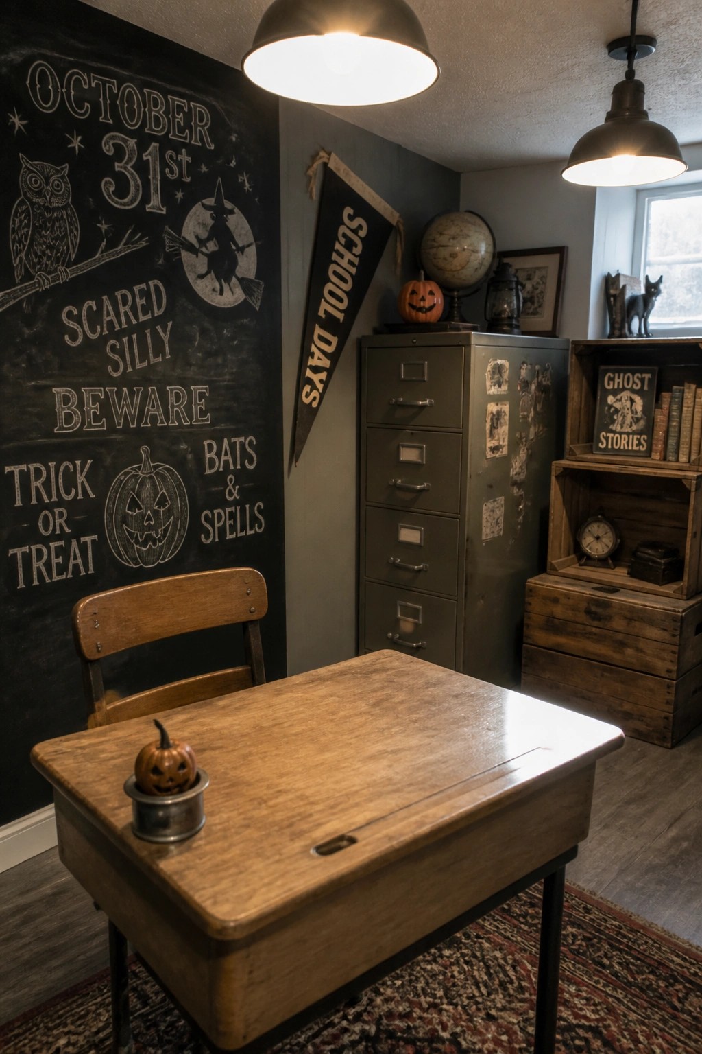 A wooden school desk with a small pumpkin sits in front of a chalkboard wall covered in Halloween drawings and text, next to a metal filing cabinet and wooden crates.