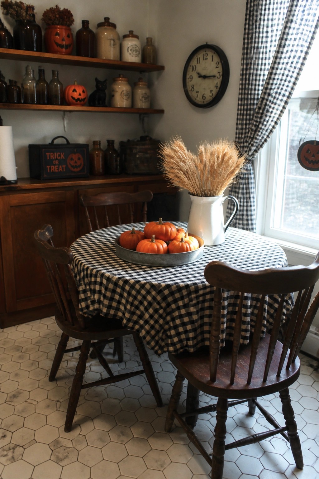 A round table with a black and white checkered tablecloth holds a metal tray of small orange pumpkins and a white pitcher of dried wheat, with wooden chairs around it and shelves of vintage jars in the background.