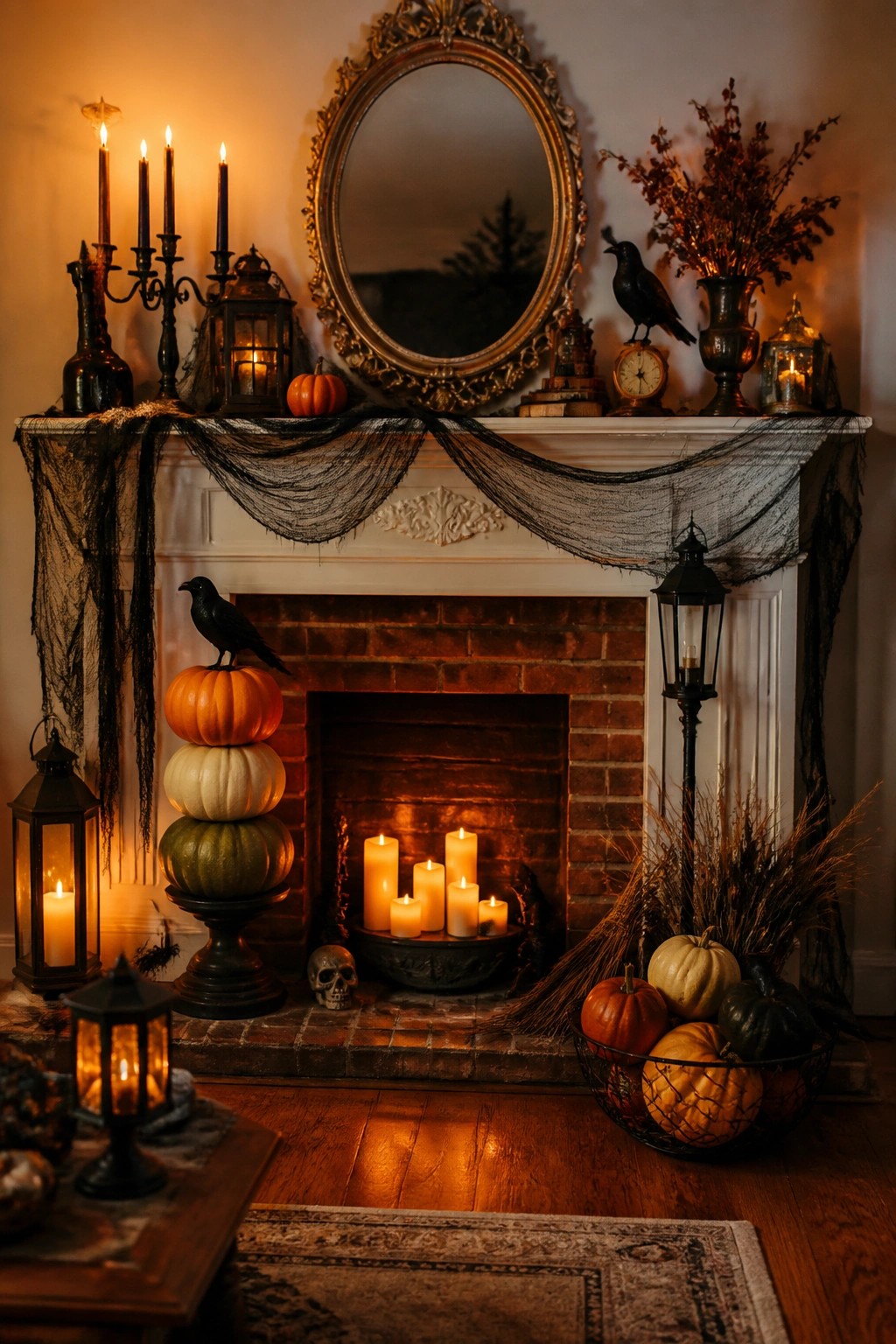 A white fireplace mantel styled for Halloween with black crows, draped spiderwebs, stacked pumpkins, candles, and an ornate gold mirror above.