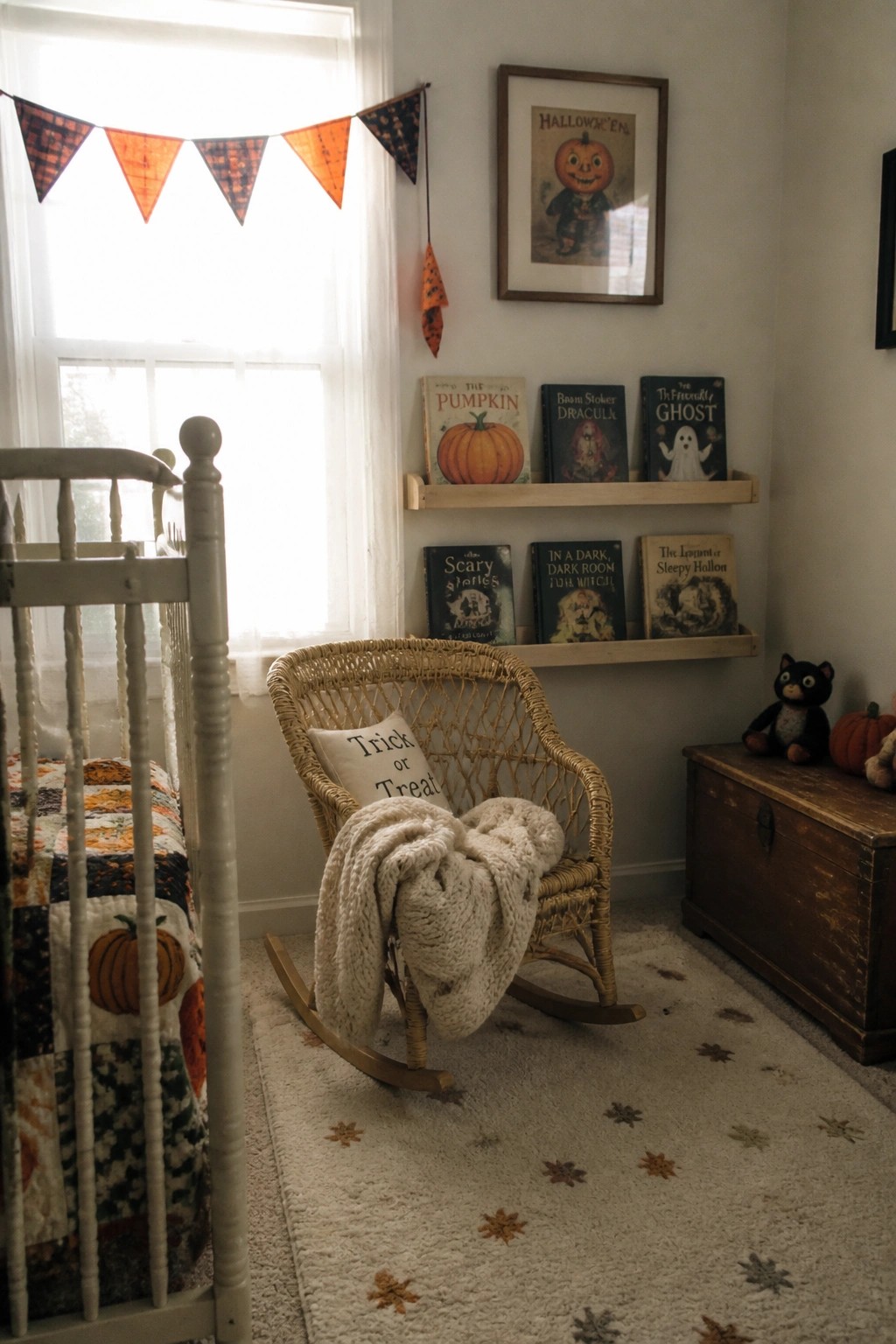 A corner of a child's room showing a wicker rocking chair in front of two wooden shelves filled with classic Halloween storybooks, with part of a crib and a window visible on the left.