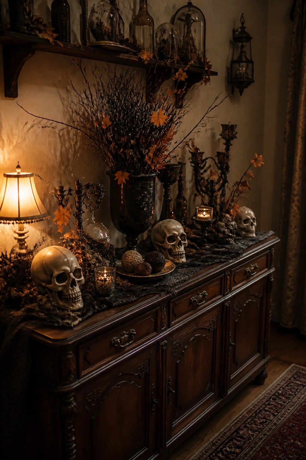 Dark wood console table arranged with multiple human skulls, lit candles, and a large dark vase of bare branches for Halloween.