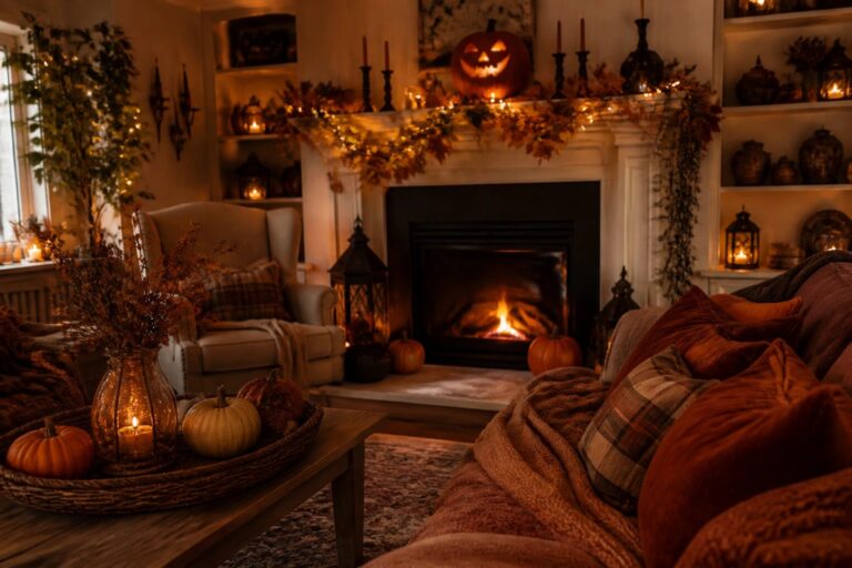 Cozy living room with glowing jack-o'-lanterns, fireplace, sofa, and autumn candles.