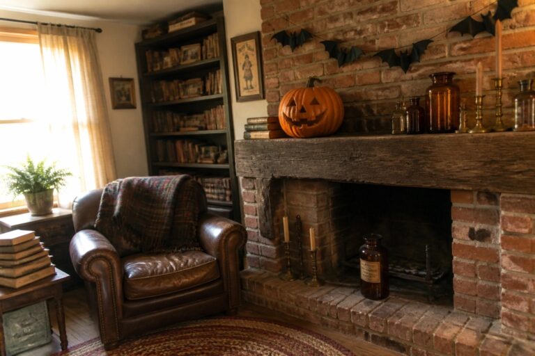 A living room interior featuring a brick fireplace with a carved pumpkin, amber bottles, and a bat garland on the wooden mantel, alongside a brown leather armchair with a plaid blanket.
