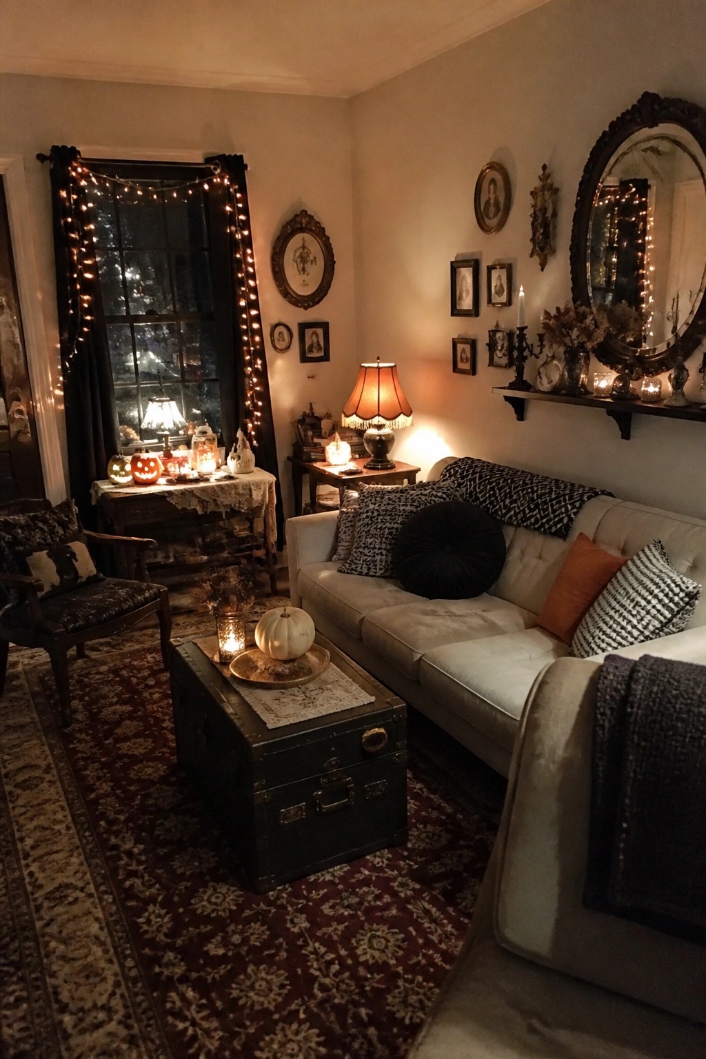 Living room window area with several carved and lit jack o lanterns on a table beside string lights and a white pumpkin on a trunk.
