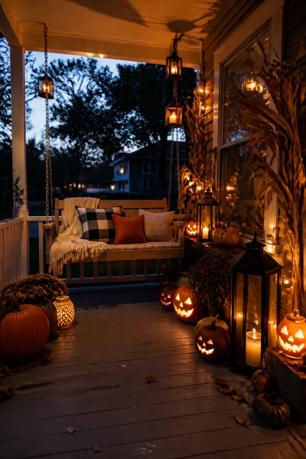 Front porch at dusk lined with carved jack o' lanterns and black lanterns next to a wooden swing.