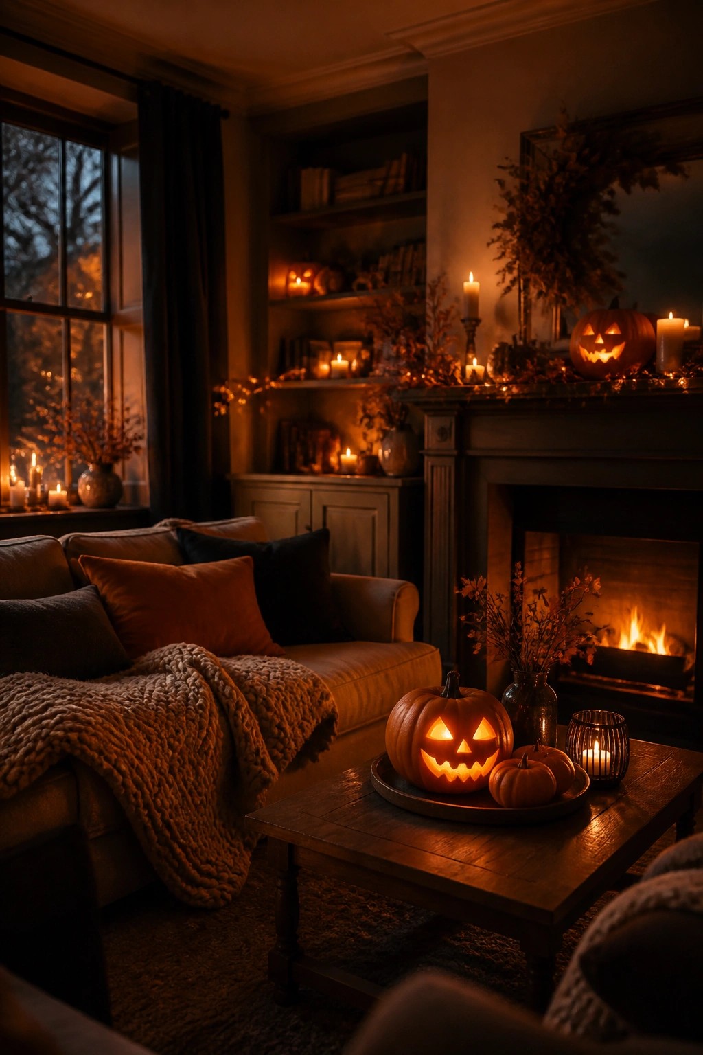Cozy living room with glowing jack-o'-lanterns, fireplace, sofa, and autumn candles.