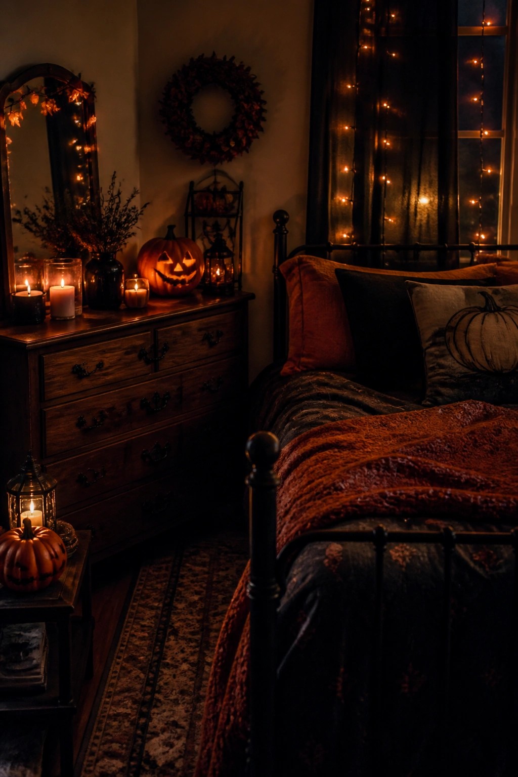 Bedroom scene with carved jack o' lanterns and lit candles arranged on a wooden dresser beside a bed with pumpkin patterned pillows.