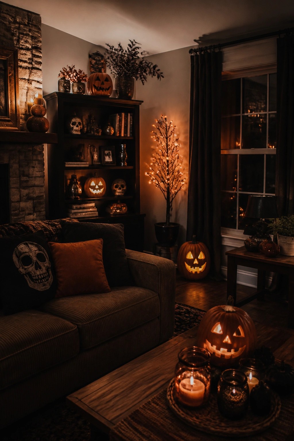 Living room with multiple carved and lit jack o lanterns placed on shelves, a coffee table, and the floor next to skull decorations.