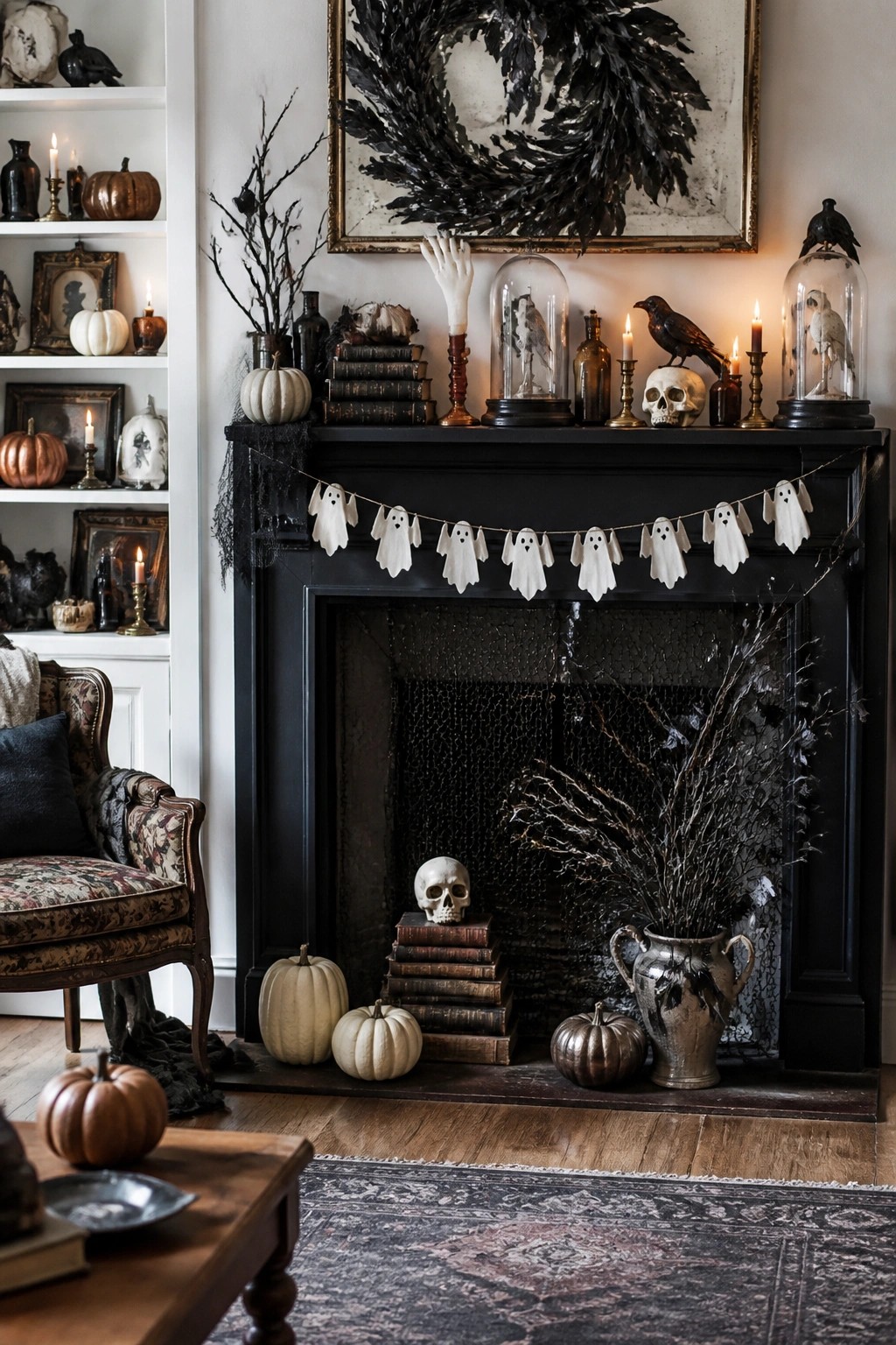 Black fireplace mantel with a white ghost garland strung across the front, skulls, crows in glass cloches, candles, and a large black wreath above.
