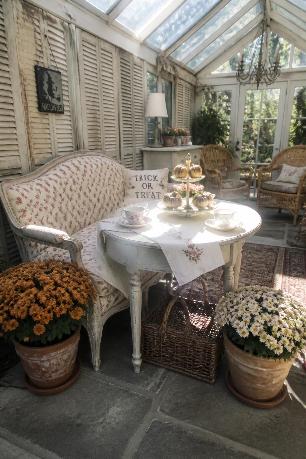 A sunroom with a floral patterned sofa, a round white table holding teacups and small pumpkins on a tiered stand, wicker chairs, potted chrysanthemums, and a Halloween sign on distressed shutters.