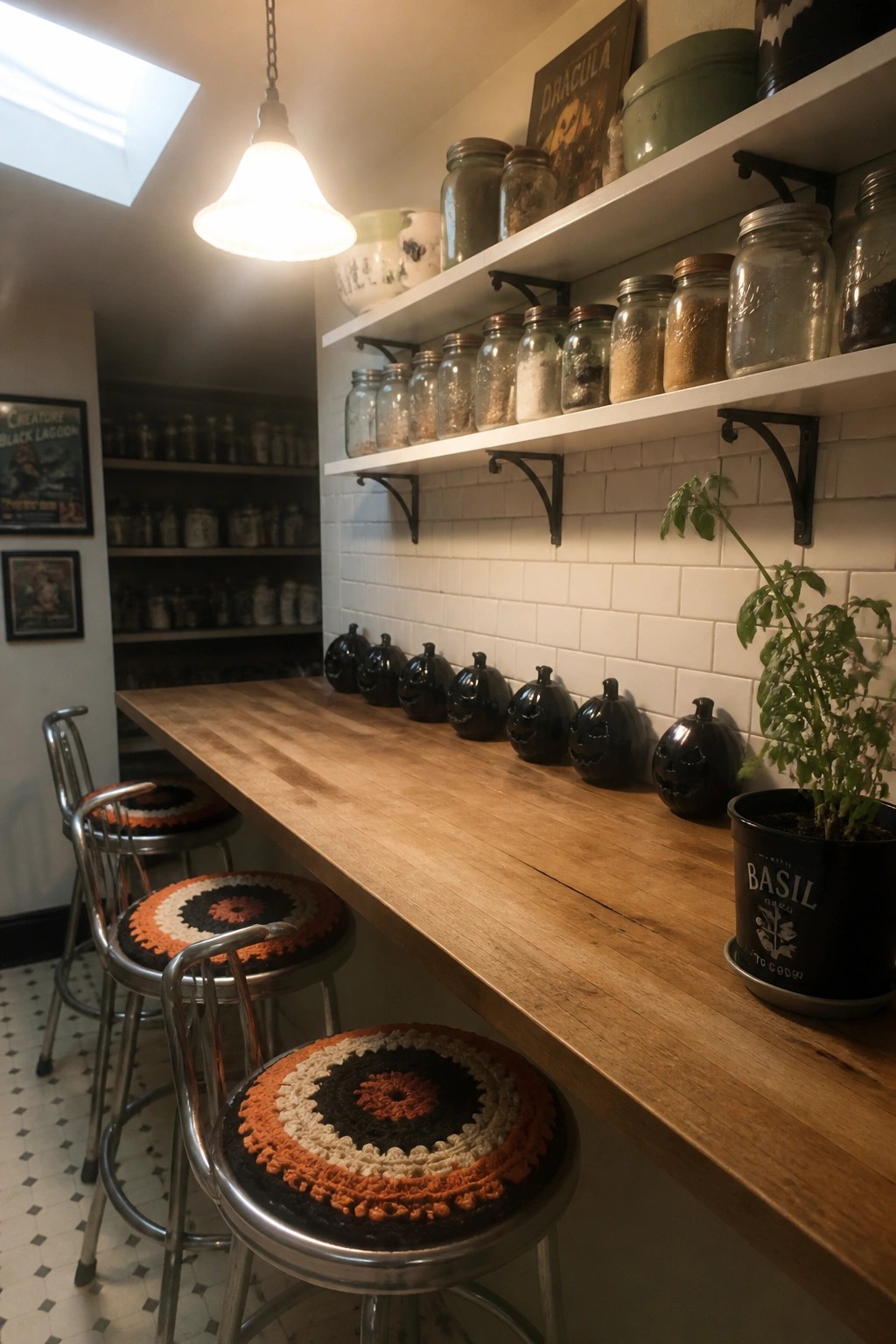 A long wooden counter with a row of black cat figurines, white shelves holding glass jars above it, and stools with crocheted covers in front.