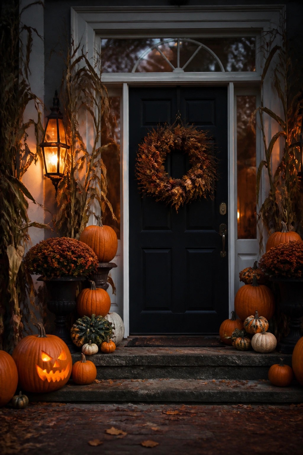 Black front door with carved jack o lanterns of various sizes arranged on the concrete steps and porch area.