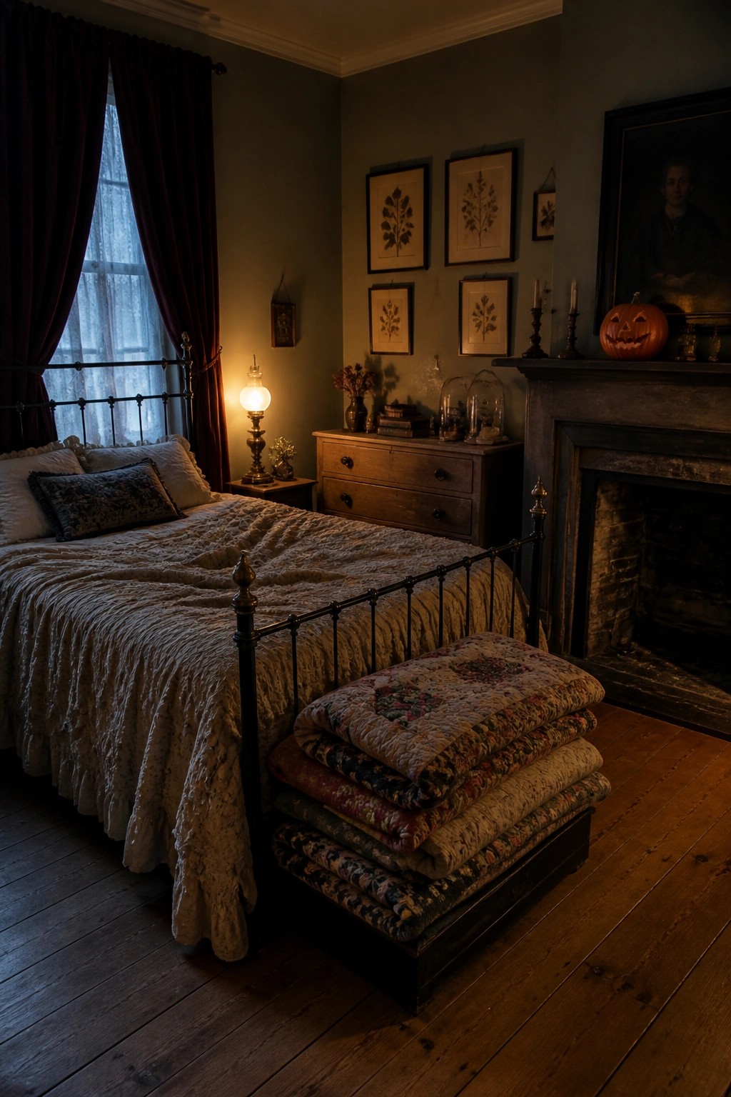 Dimly lit bedroom with iron bed, stacked quilts, oil lamp, and jack-o'-lantern on mantel
