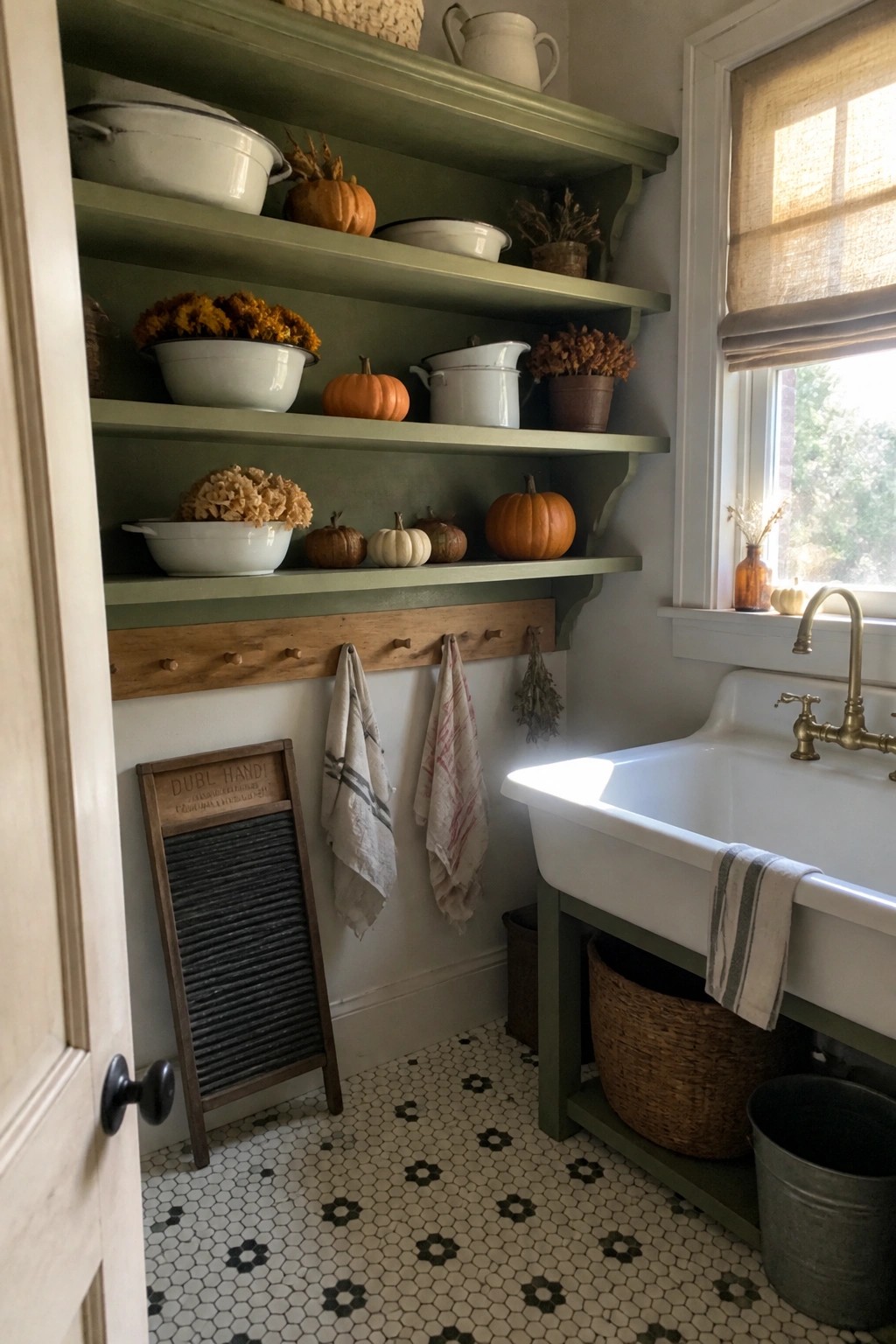 A utility room with green open shelves holding white enamelware, small orange pumpkins, and dried flowers beside a white farmhouse sink and a wooden washboard leaning against the wall.