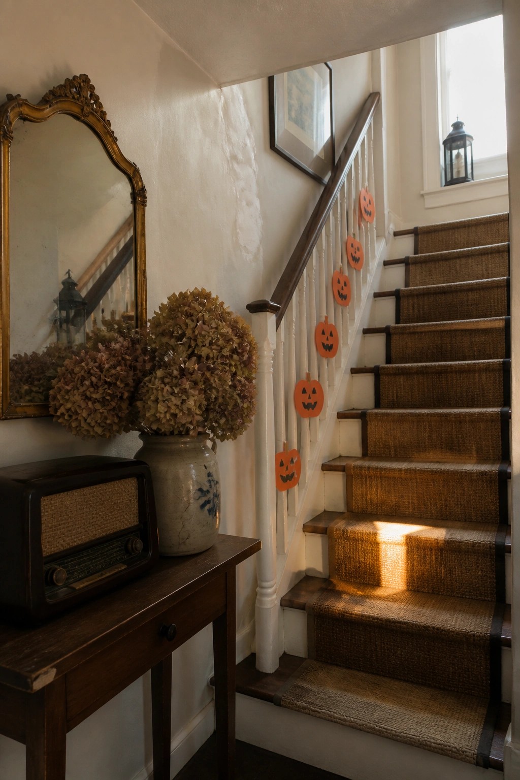 Interior view of a carpeted staircase with orange paper jack-o'-lantern cutouts tied to the white banister, beside a wooden console table holding a vintage radio and a vase of dried hydrangeas.