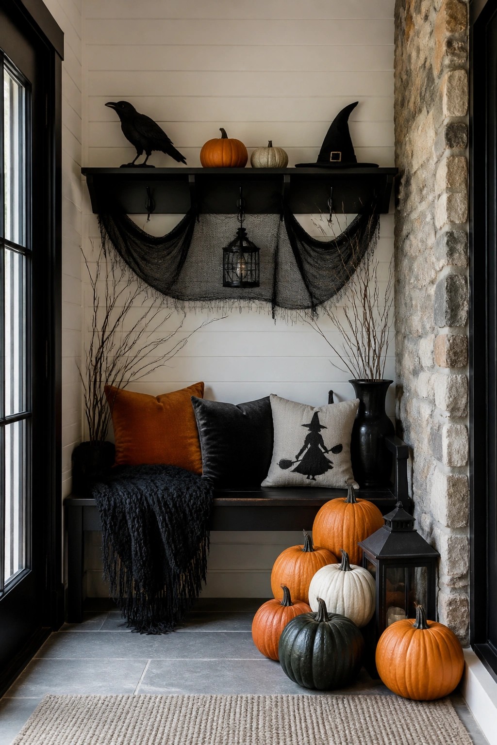 Entryway with black shelf holding a crow, orange pumpkin, white pumpkin, and witch hat, black netting draped below, and a witch silhouette pillow on the bench.