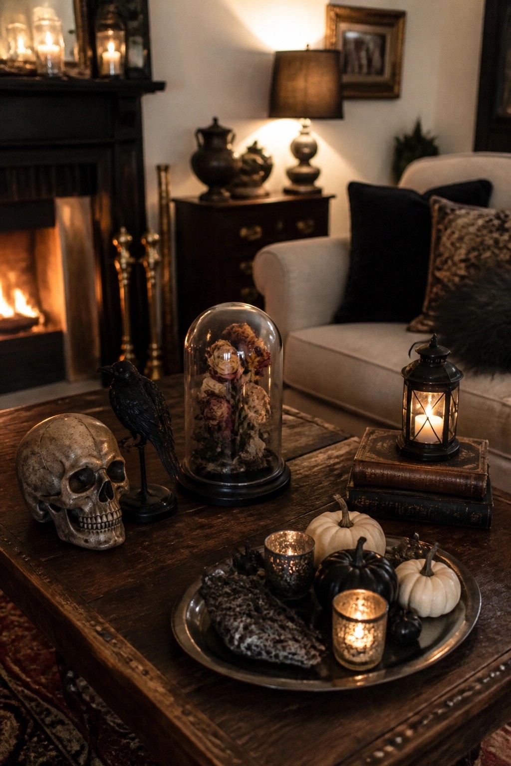 Wooden table displays skull, black raven, rose cloche, pumpkins, books, lantern, and candles