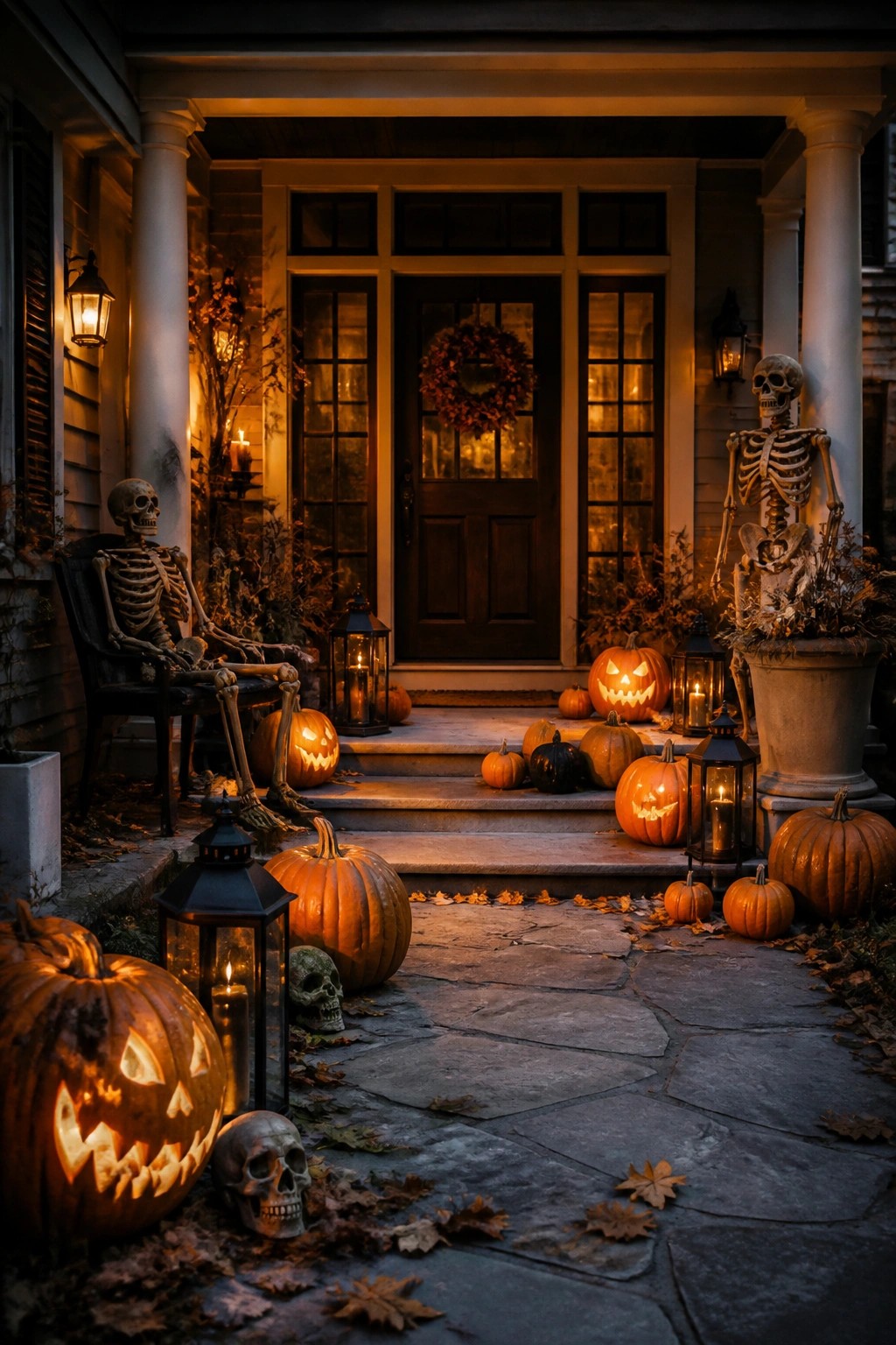 Skeleton decorations with glowing pumpkins and lanterns on a Halloween porch at night
