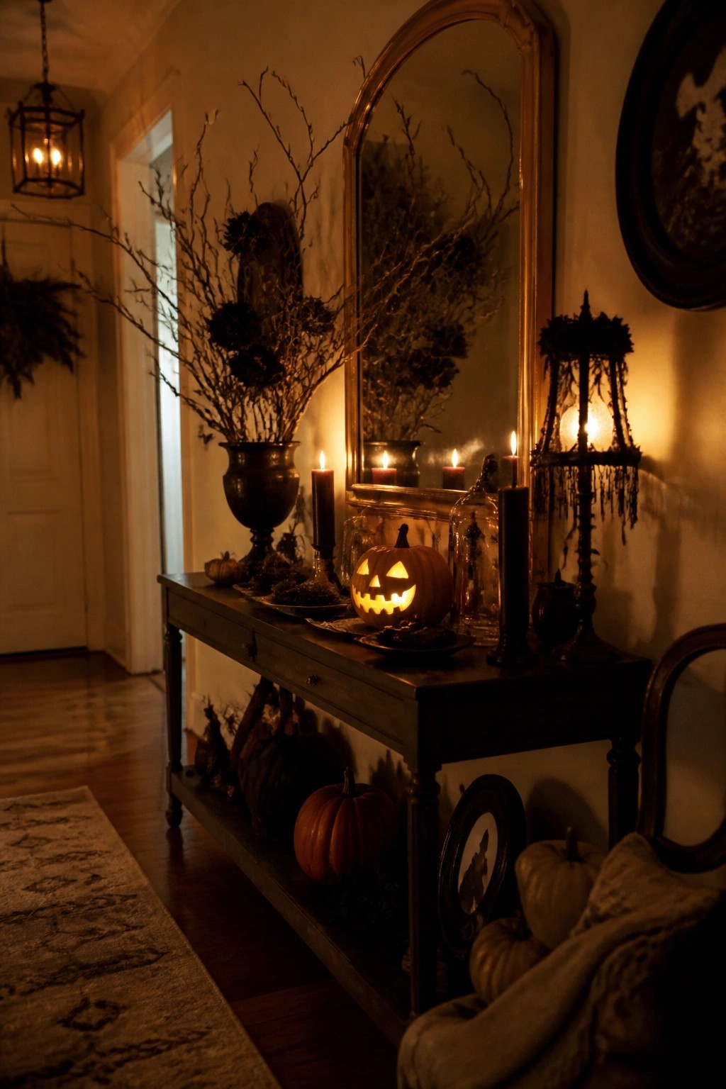Halloween console table with glowing jack-o'-lantern, candles, branches, and ornate mirror
