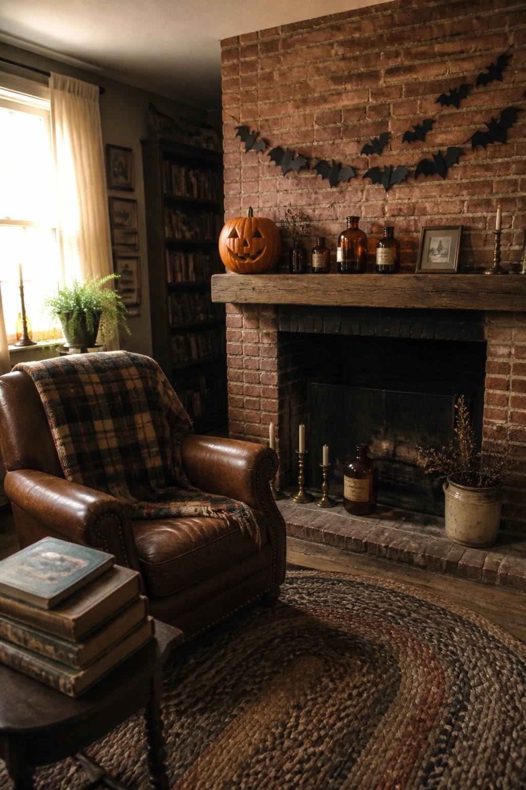 A living room interior featuring a brick fireplace with a carved pumpkin, amber bottles, and a bat garland on the wooden mantel, alongside a brown leather armchair with a plaid blanket.