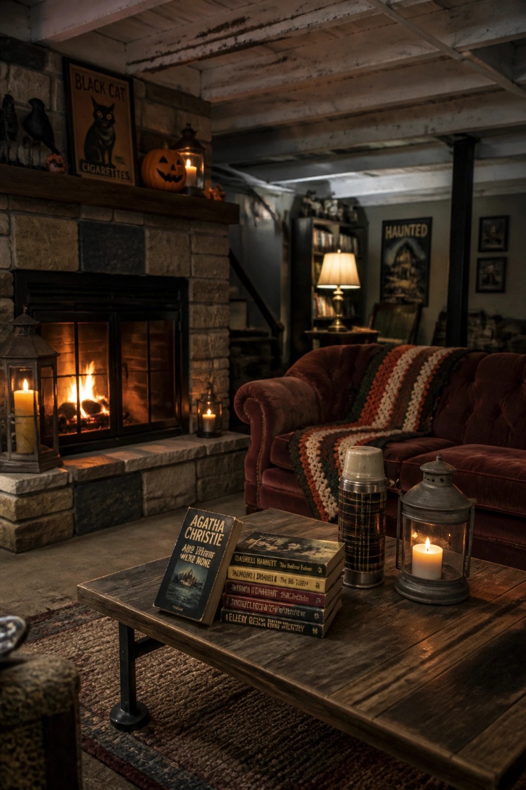 A living room with a wooden coffee table holding stacks of vintage mystery books beside a lit lantern, a red sofa, and a stone fireplace with a pumpkin on the mantel.