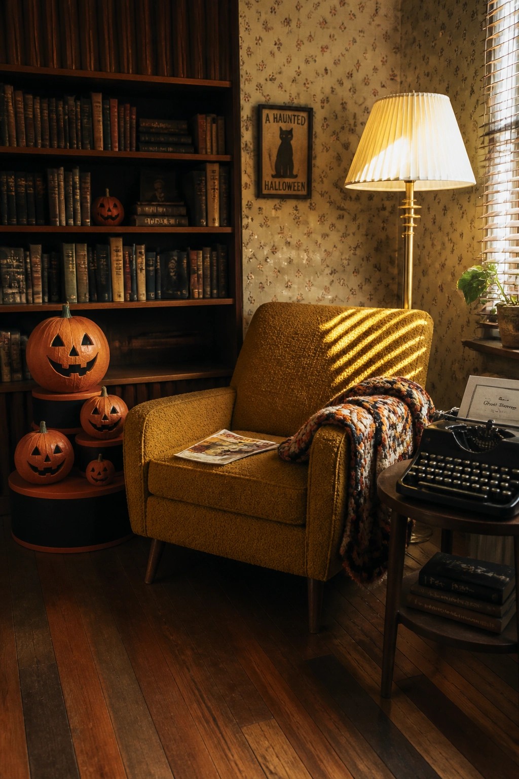 A mustard armchair with a floor lamp and typewriter nearby, stacked carved pumpkins on the floor in front of a full bookshelf, and a small haunted poster on the wall.
