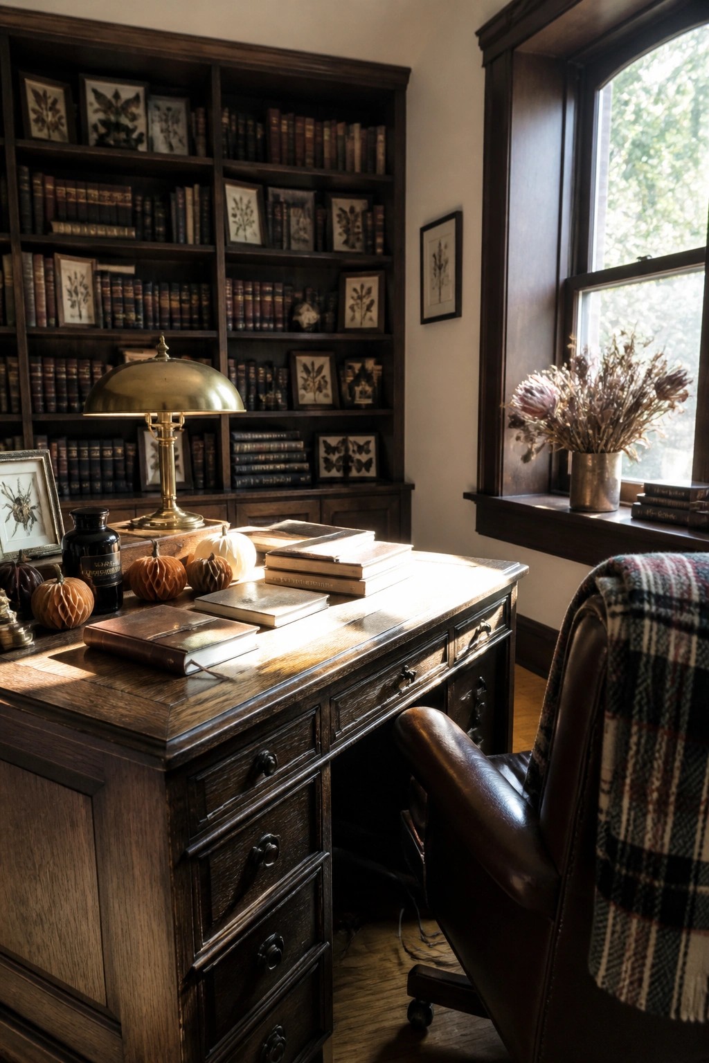 A wooden desk with stacked old books, a brass lamp, small pumpkins, and a leather chair sits in front of dark bookshelves filled with books and framed prints.