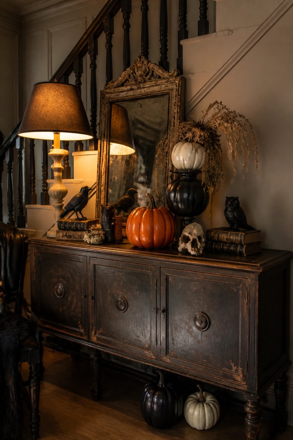 Dark console table with mirror, pumpkins, skull, birds, lamp under staircase