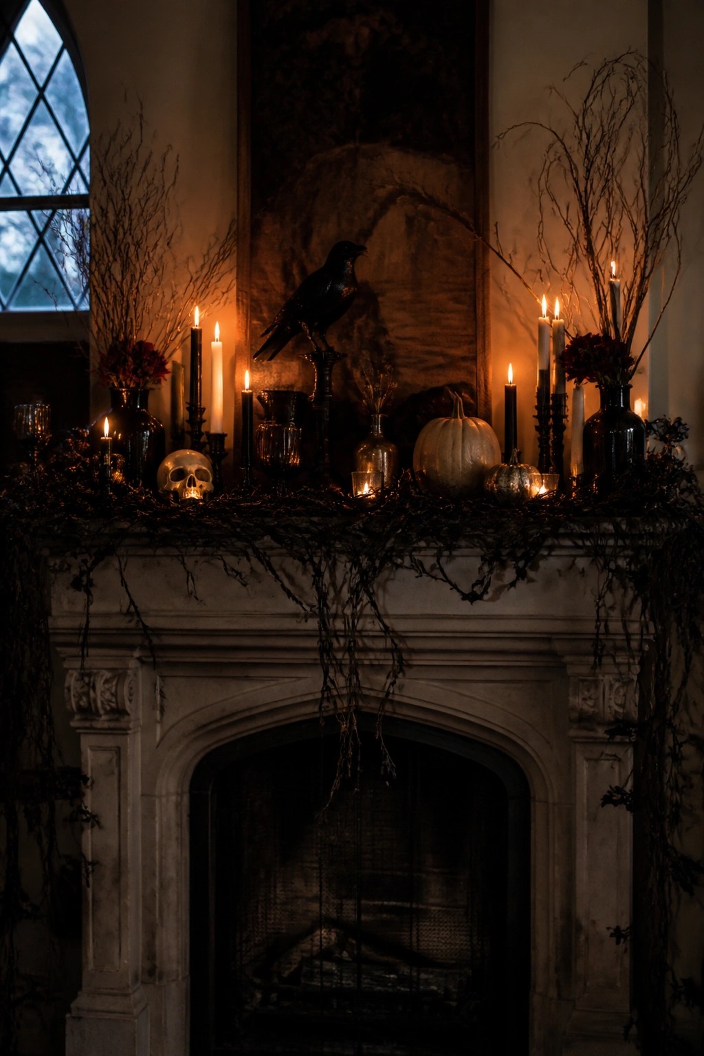 A white marble fireplace mantel decorated for Halloween with a black crow statue, skull, lit candles, white pumpkins, and dark branches.
