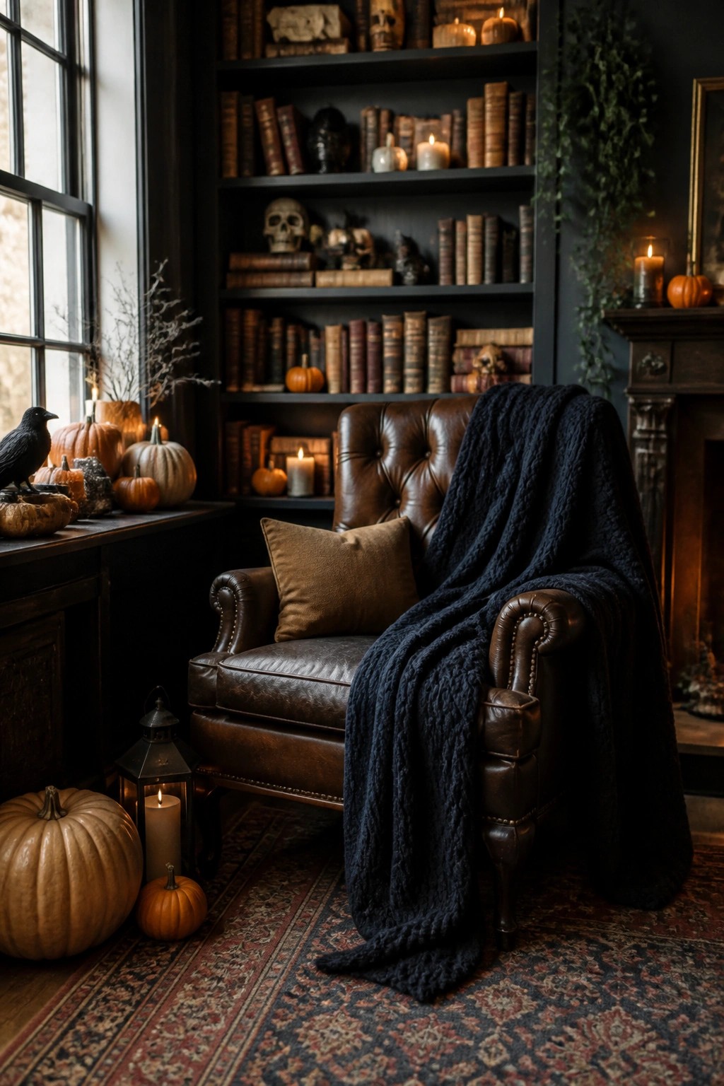 Brown leather armchair with navy knit blanket amid pumpkins, candles, and bookshelves