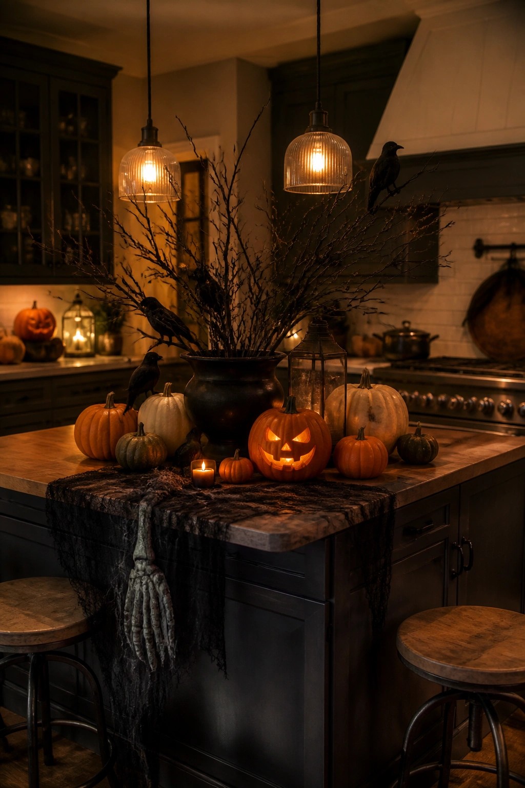 Kitchen island topped with a tall black branch arrangement in a dark pot, crows perched on the branches, and several carved and whole pumpkins arranged around the base.