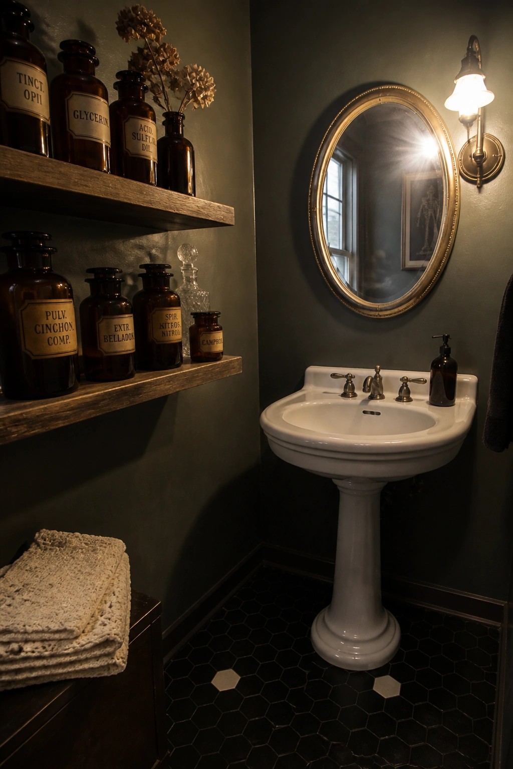 Vintage bathroom with white pedestal sink, dark green walls, amber apothecary bottles, and gold mirror.