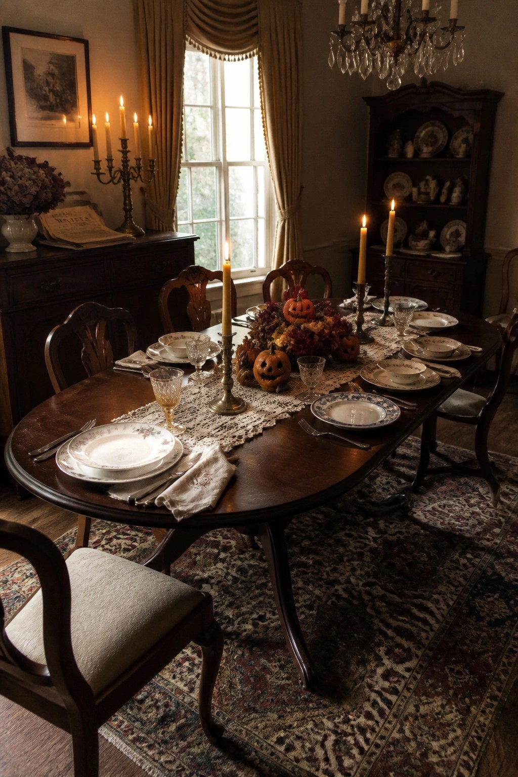 Elegant dining table set with pumpkins, lit candles, and fine china in a traditional room.