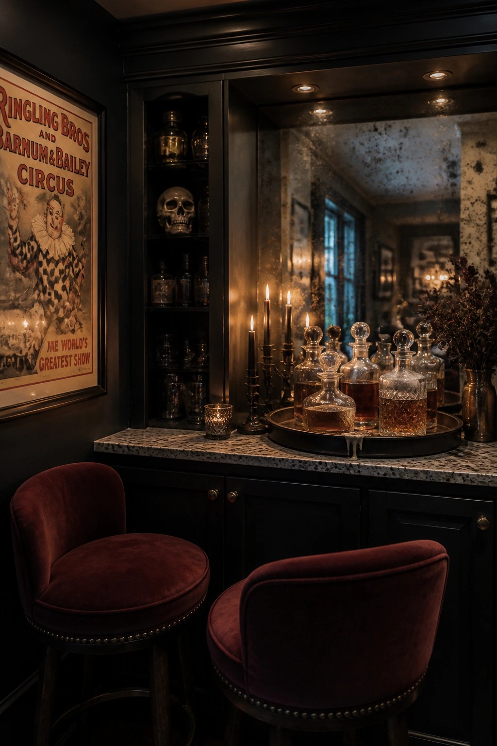 A home bar area with a large vintage Ringling Bros circus poster on a dark wall, open cabinet shelves holding glassware and a skull, and several crystal decanters on a marble countertop beside two burgundy velvet stools.
