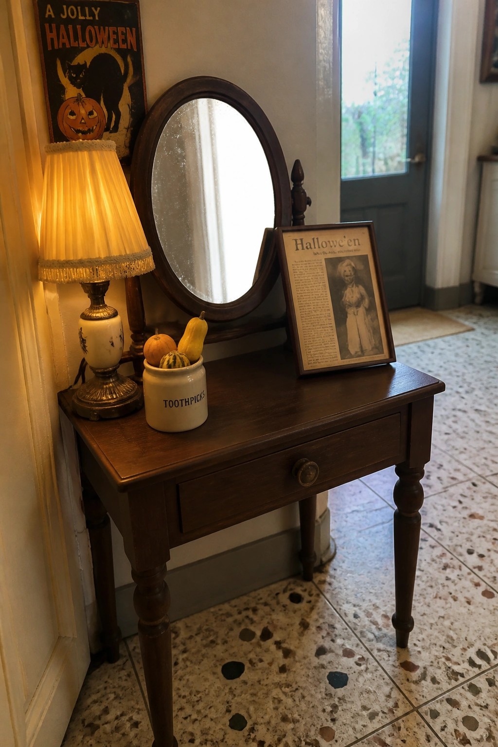 Wooden table with glowing lamp, mirror, gourd-filled toothpick jar, and vintage Halloween frame.