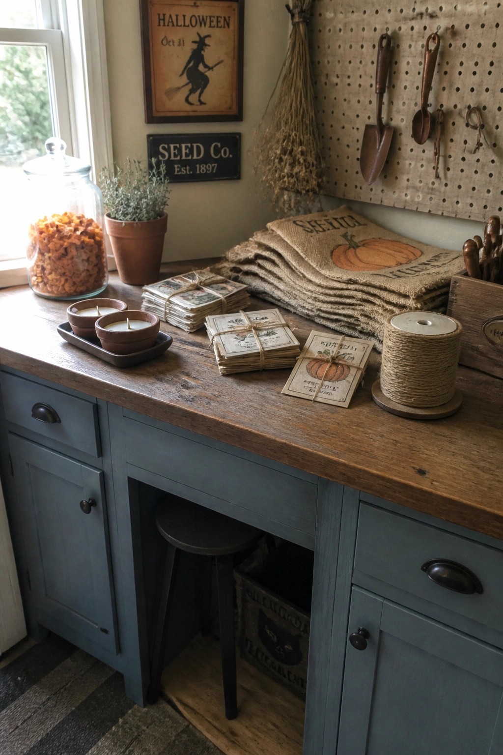 A wooden work table with blue cabinets holds stacked vintage seed packets, burlap sacks with pumpkin prints, a twine spool, small candles in clay pots, and wall signs reading Halloween and Seed Co.