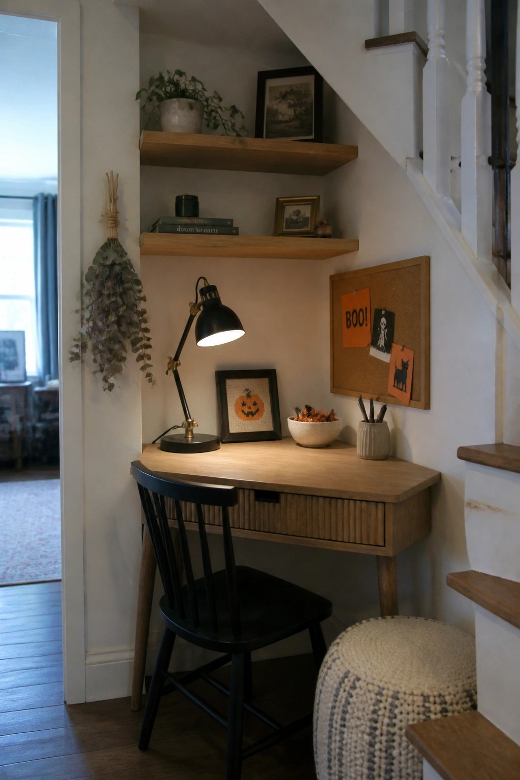 A small wooden desk under a staircase holds a black lamp, pumpkin cross-stitch, bowl of candy, and a corkboard with orange Halloween cards.