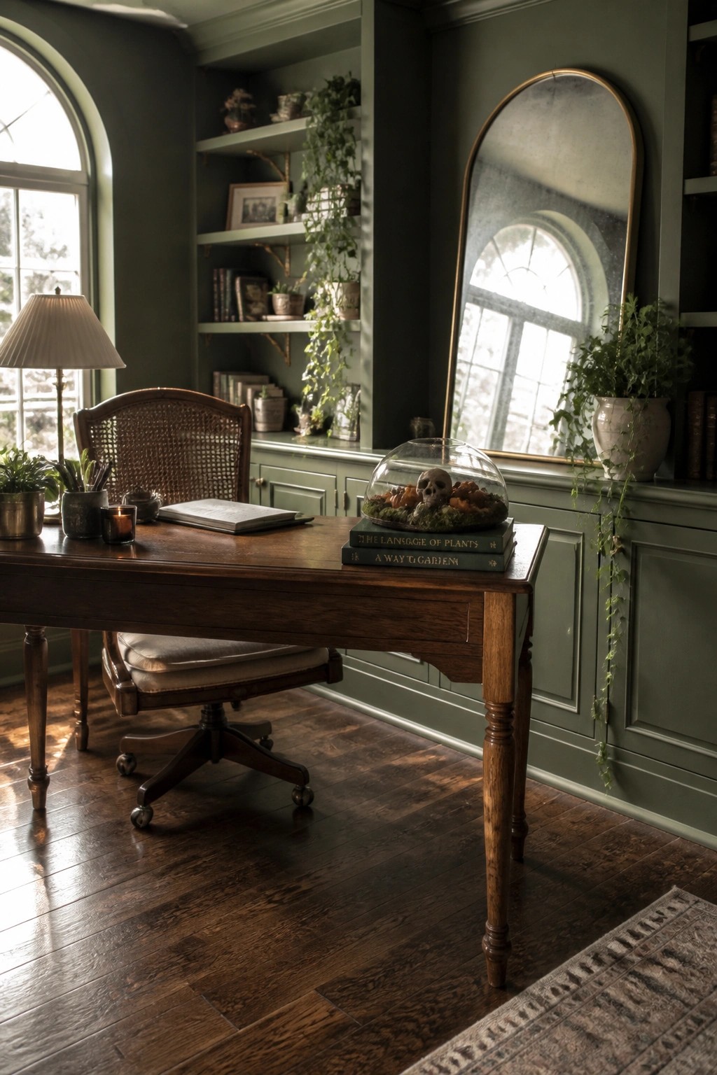A wooden desk in a green-walled office holds a glass cloche with a skull and moss resting on two books, next to an open book and a lamp.